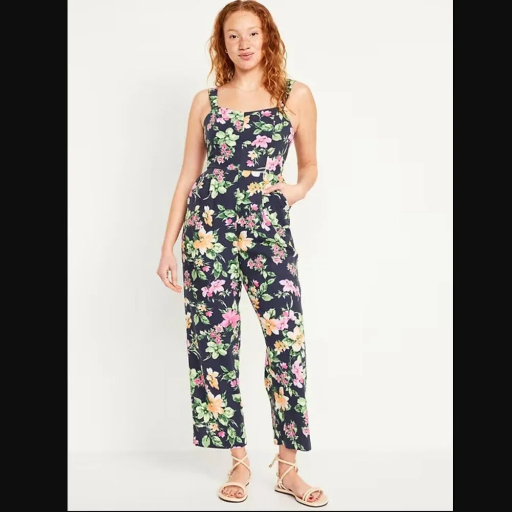 NEW Old Navy Wide Leg Blue Floral Linen-Blend Adjustable Strap Jumpsuit - MP - Picture 1 of 13
